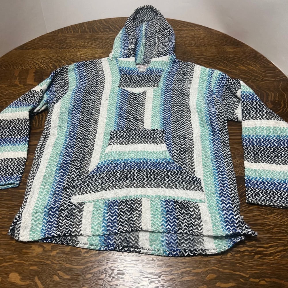 Ron Jon Surf Shop Baja Hoodie Men Large Blue Teal Striped Mexican Ponchos
